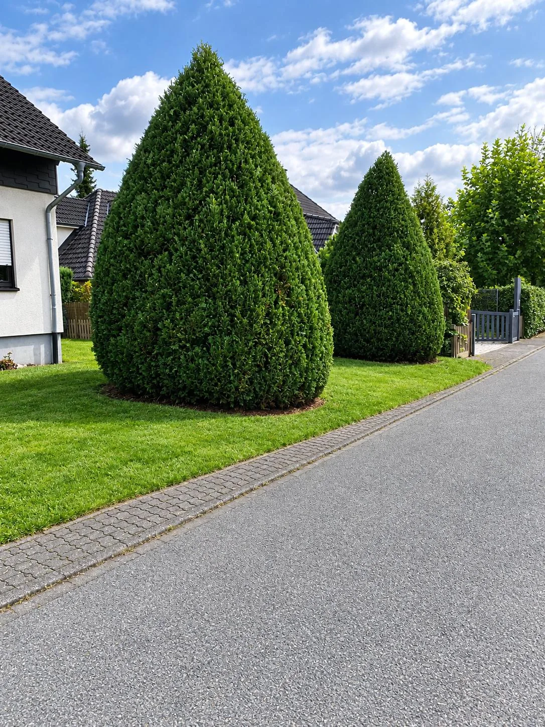 Kegelförmig geschnittene immergrüne Sträucher auf einer gepflegten Rasenfläche